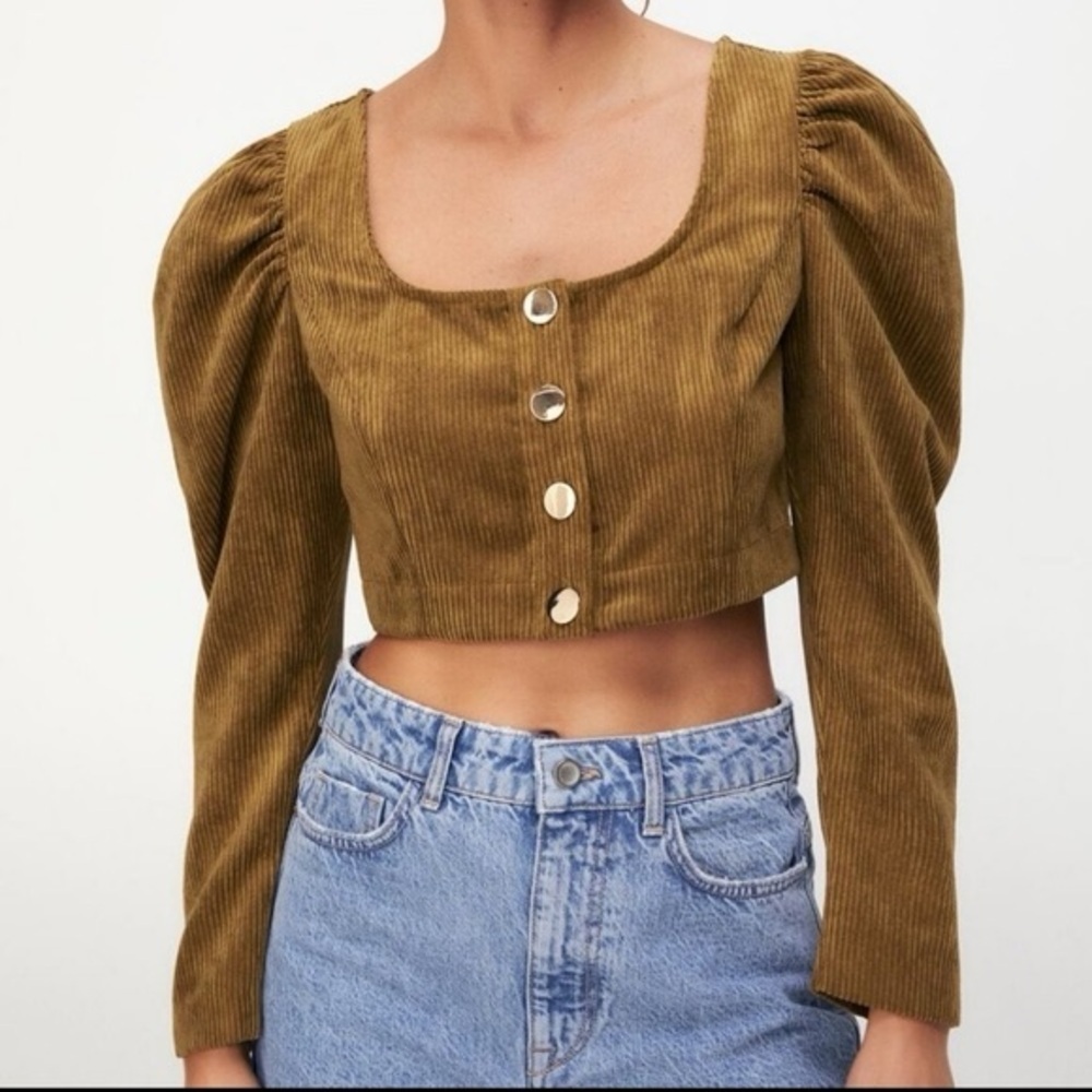 Zara - Dark Camel Corduroy Long Sleeve Large Button Crop Top Size Small